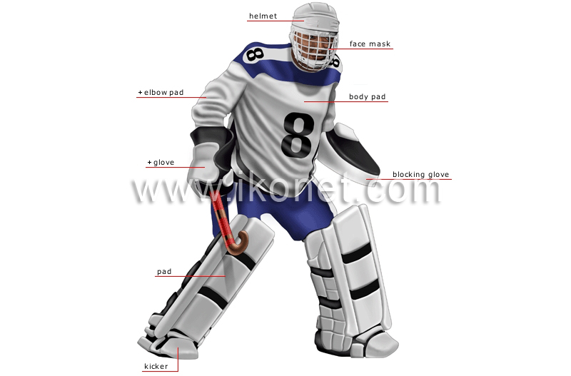Man getting into the padded protective clothing equipment clothing needed  for a field hockey goalkeeper before game Stock Photo - Alamy